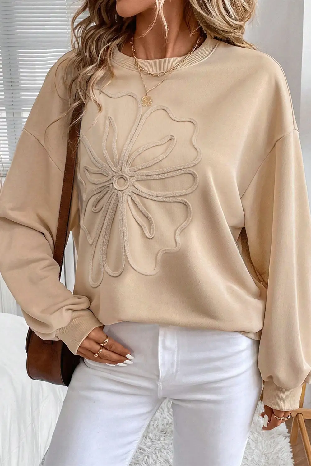 Floral Embroidered Drop Shoulder Sweatshirt