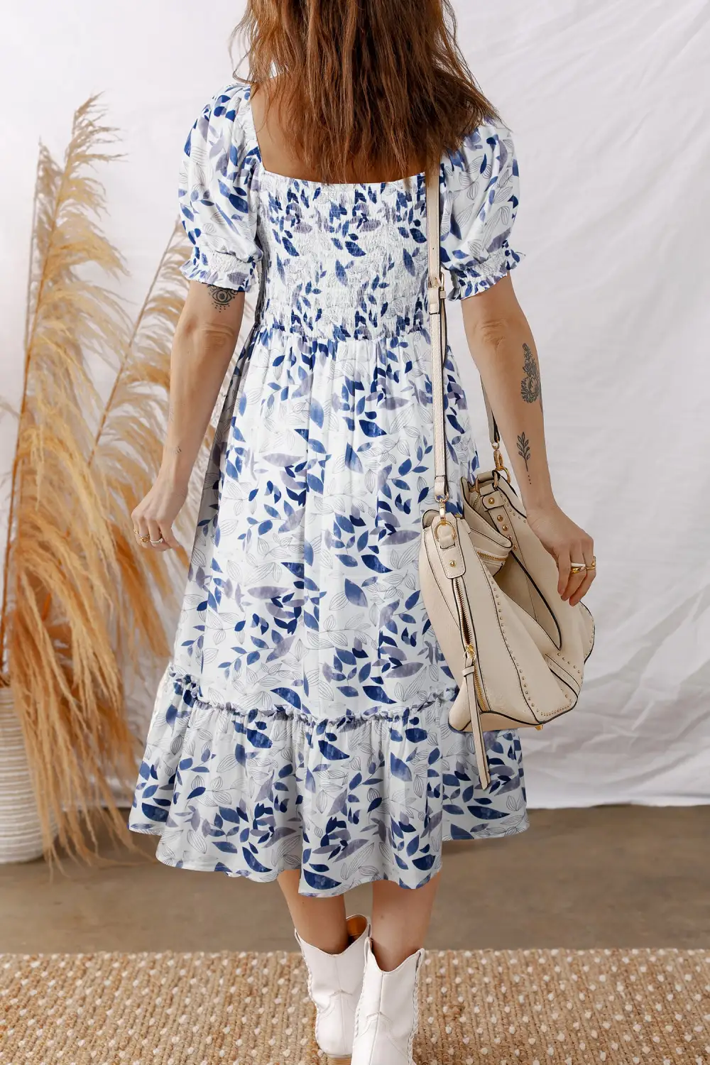 Smocked Bodice Short Puff Sleeve Tiered Midi Dress