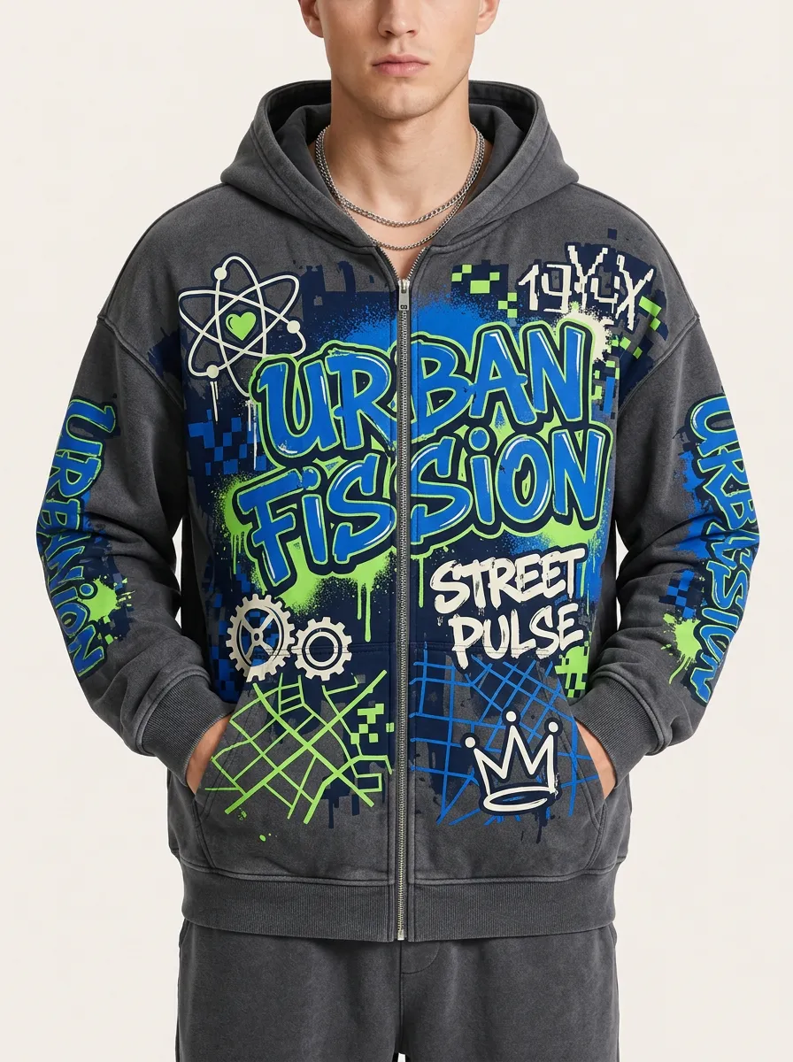 Men's Graffiti Street Pulse Printed Zip-up Hoodie