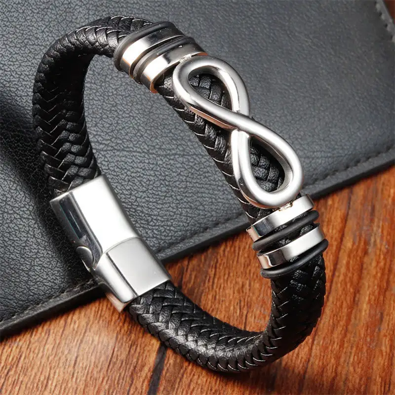 Endless Knot Design Titanium Steel Braided Leather Bracelet