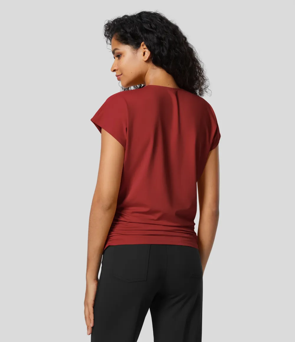 V Neck Cap Sleeve Crossover Ruched Solid Work Blouse