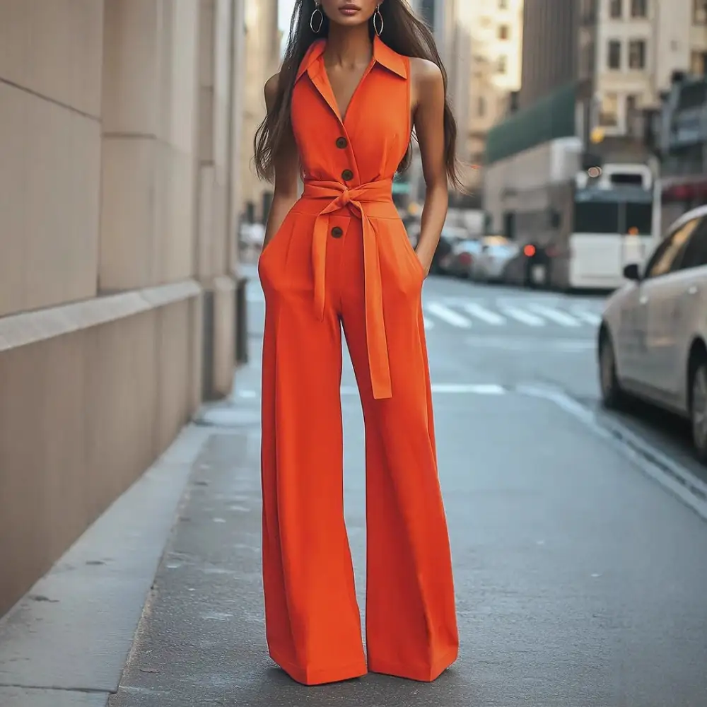 Lapel-Collar Lace-Up Flare-Leg Jumpsuit
