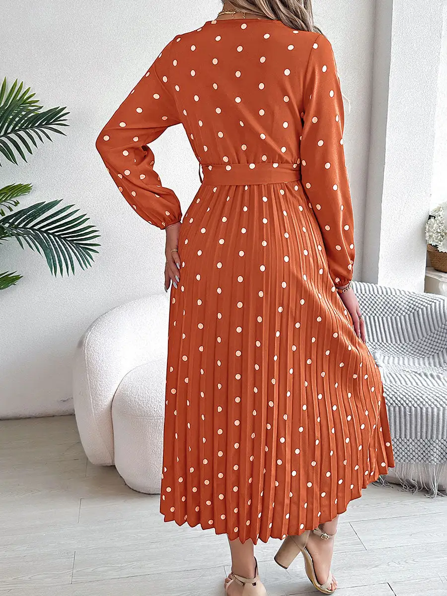 Pleated Polka Dot Long Neck Shirt Maxi