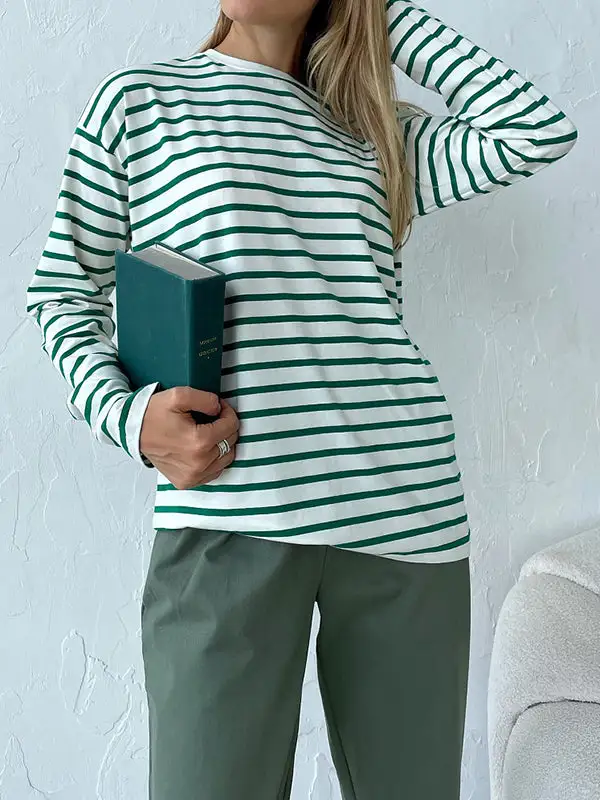 Long Sleeve Relaxed Stripe Round Neck T-Shirt