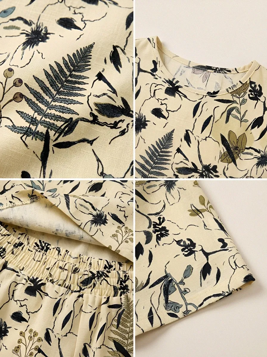 Women's Botanical Floral Fern Printed Sleeveless Shorts Set
