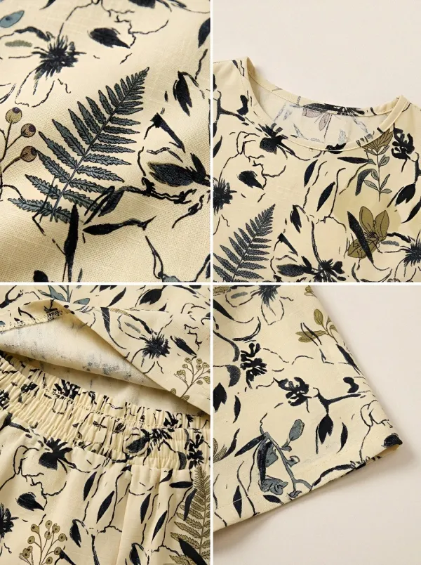 Women's Botanical Floral Fern Printed Sleeveless Shorts Set