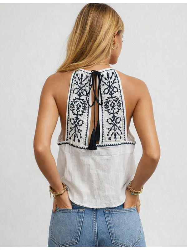 Embroidery Halter Neck Back Sleeveless Top
