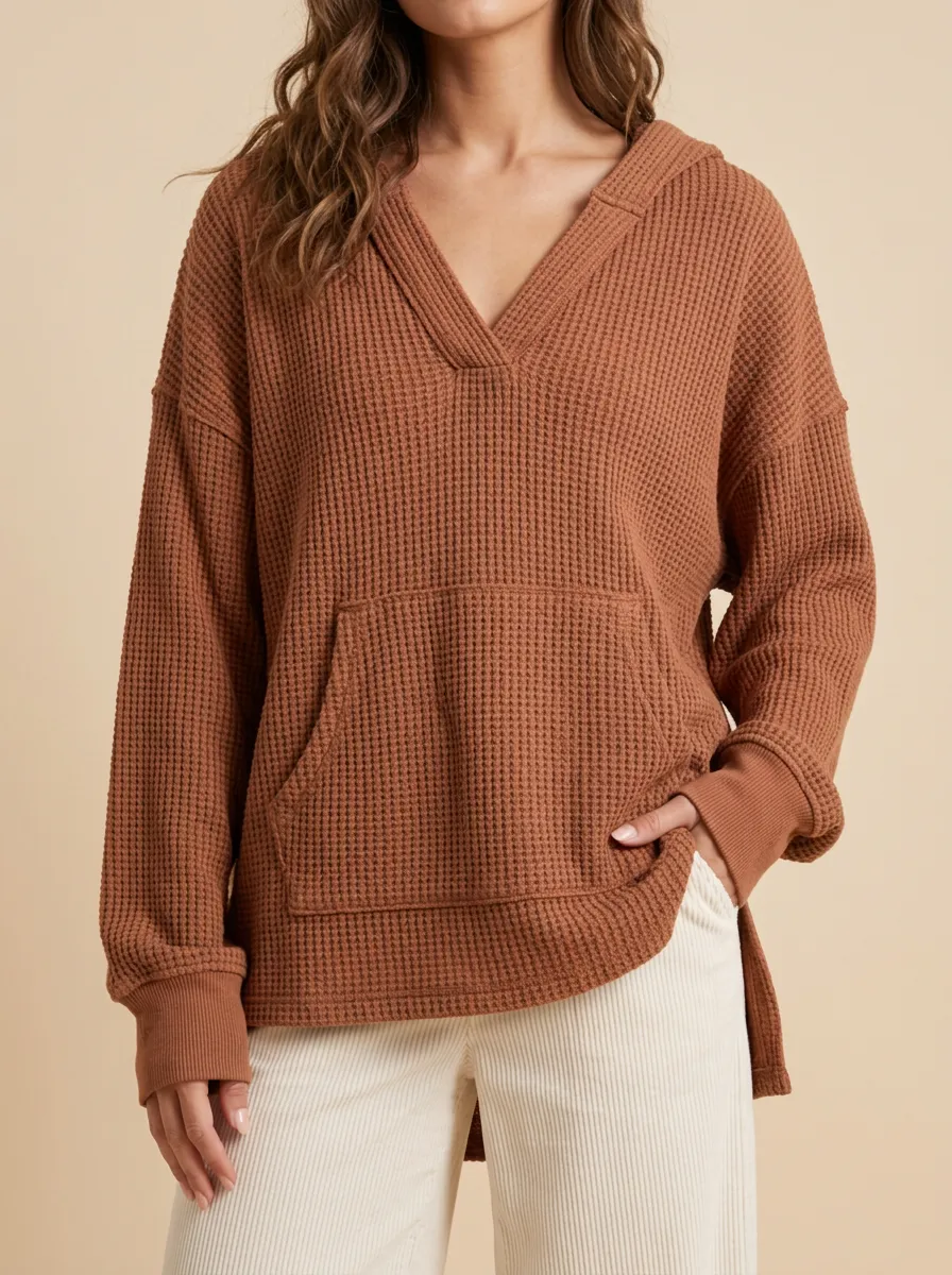 Textured Casual Casual Waffle Knit Hooded Pullover Top