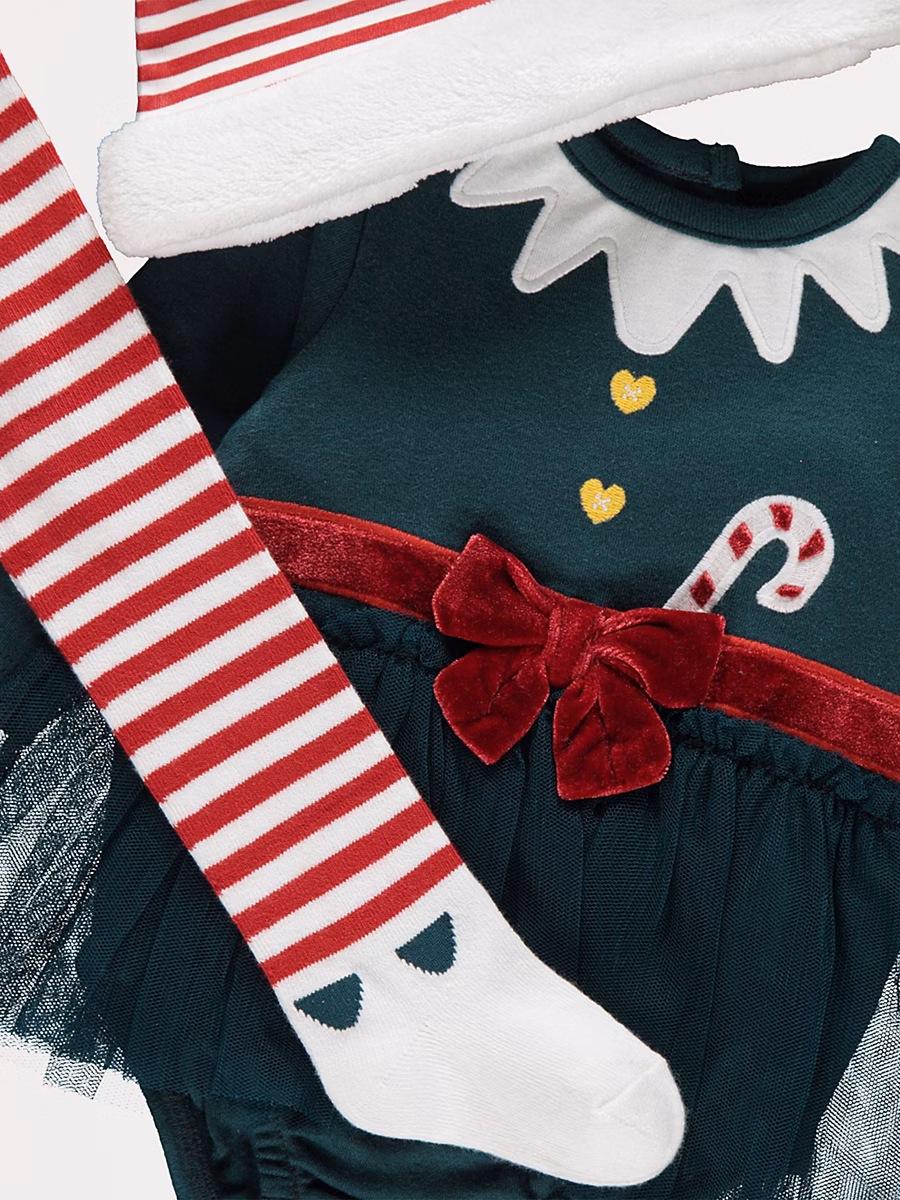 Christmas Elf 2 in 1 Sleepsuit Hat and Tights Outfit detail 1
