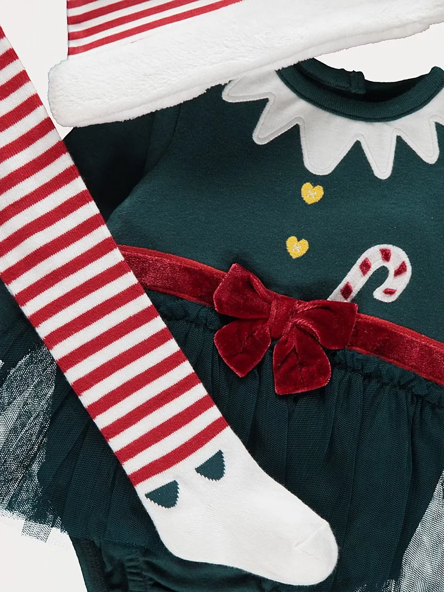 Christmas Elf 2 in 1 Sleepsuit Hat and Tights Outfit