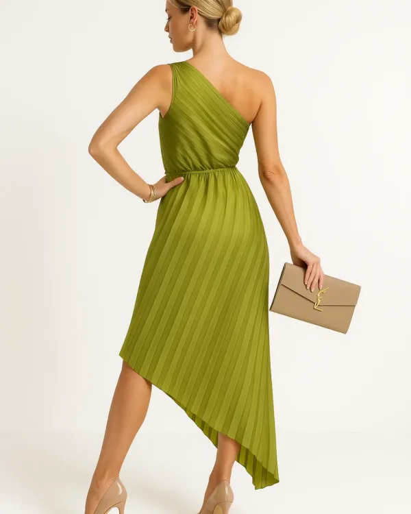 One Shoulder Pleated Midi Dress