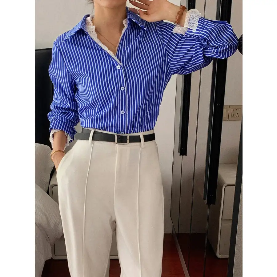 Striped Button Down Shirt with Lace Detail