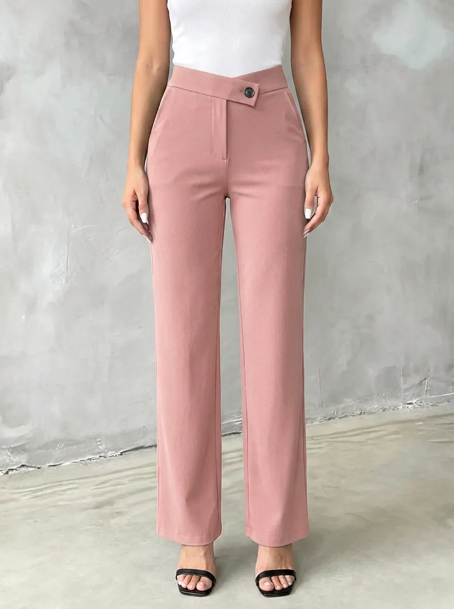 Women's Classic Flexible Asymmetric Waist Mid Rise Straight Leg Pants