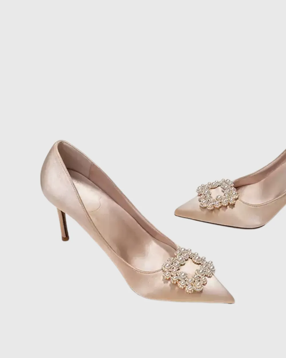 Rhinestone Buckle Satin Pumps in Champagne