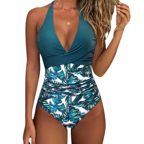  Floral Halter V Neck Ruched Swimsuit Apparel