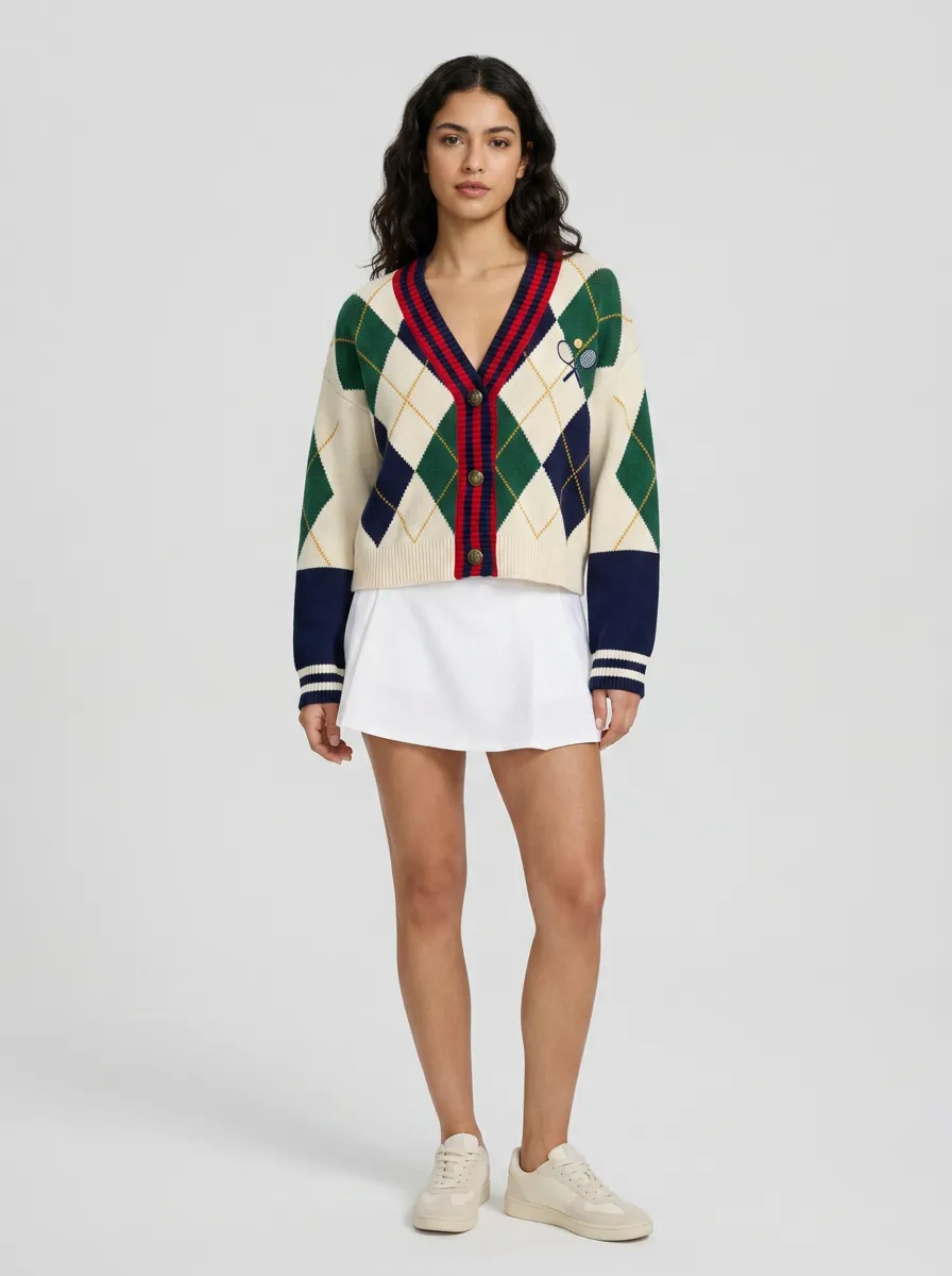 Women's Tennis Lover Argyle Pattern Embroidered Cardigan