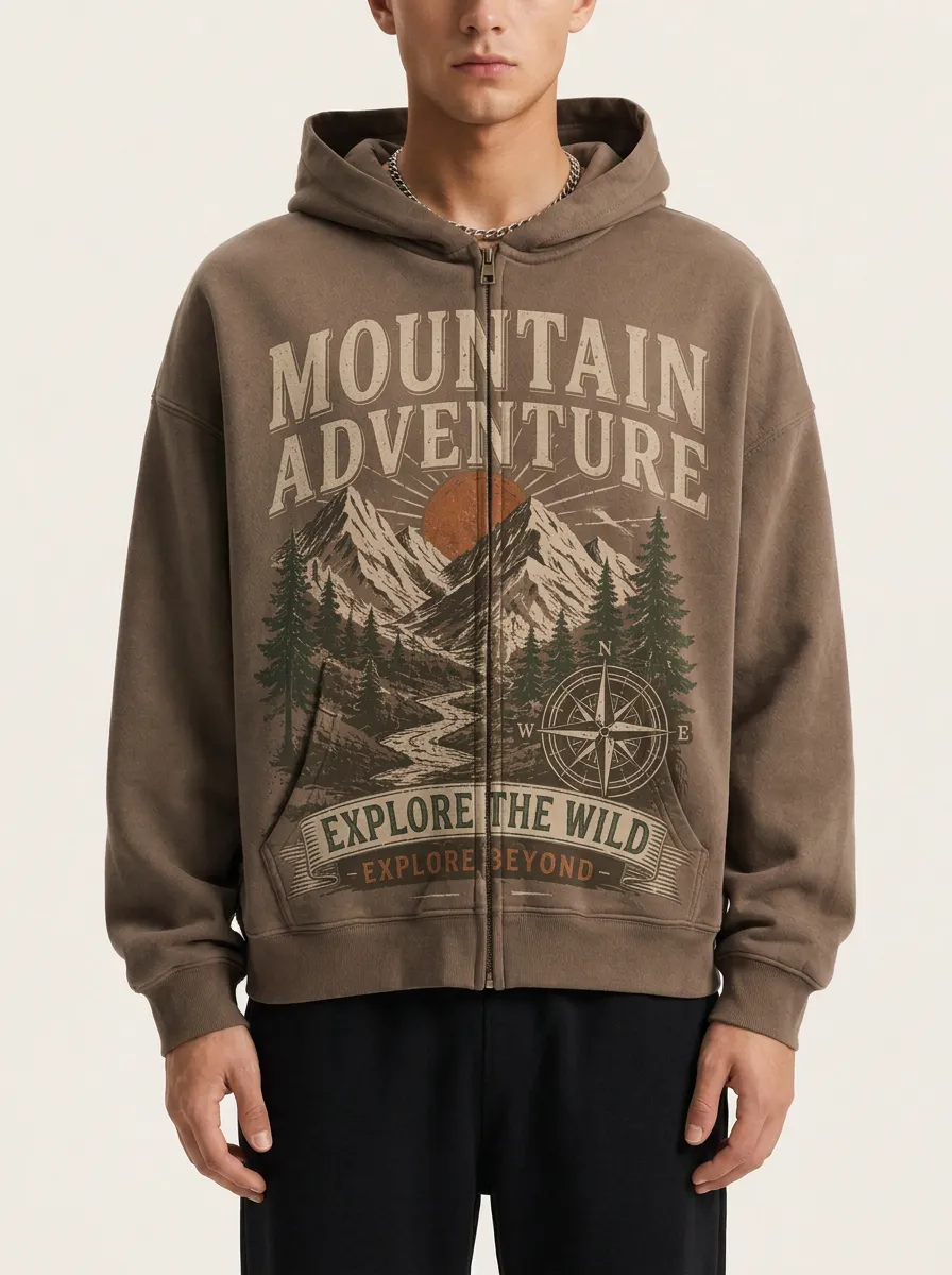 Men's Mountain Adventure Compass Printed Zip Up Hoodie