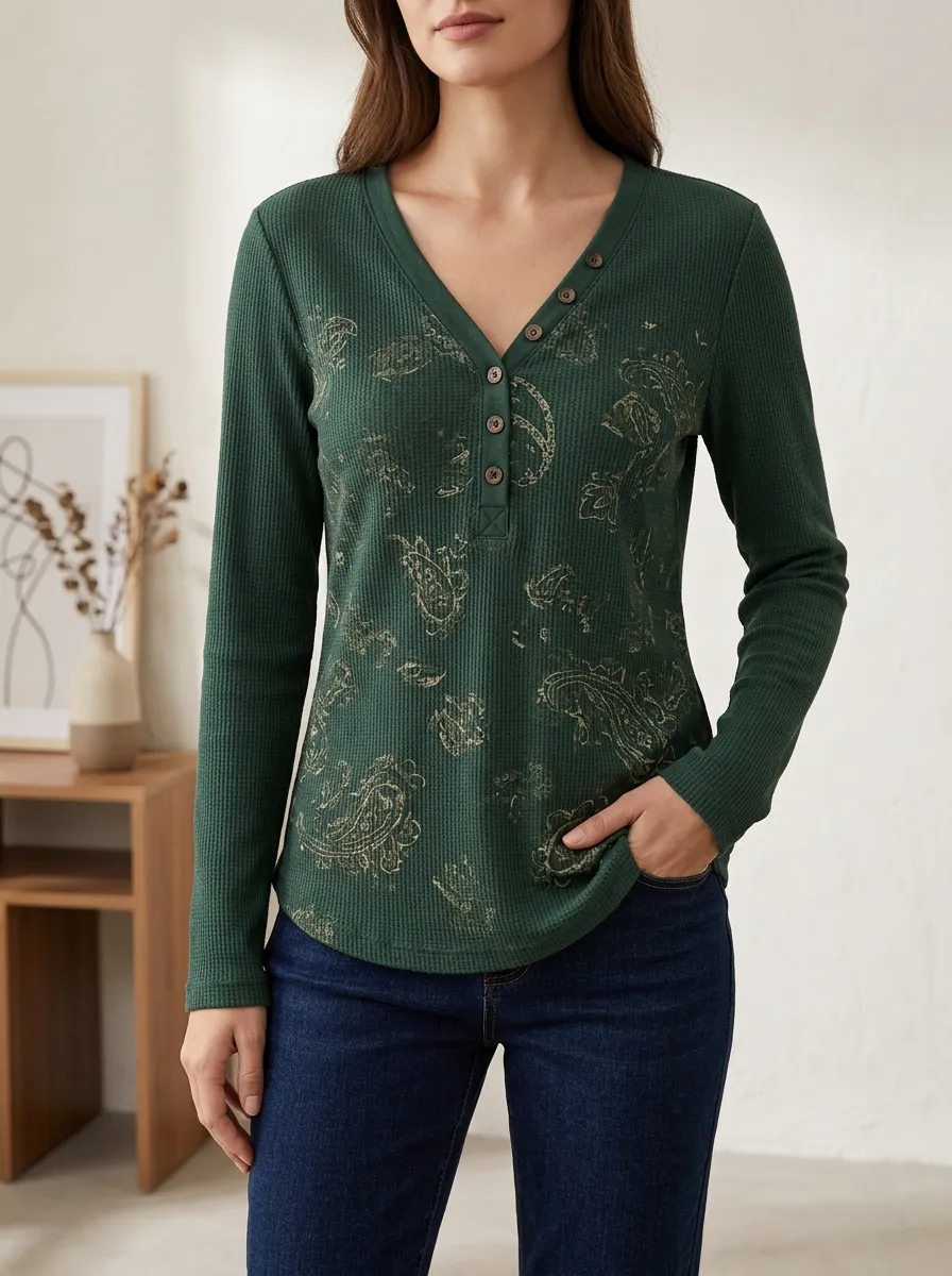 Women's Green Paisley Pattern Printed Waffle Henley Shirt