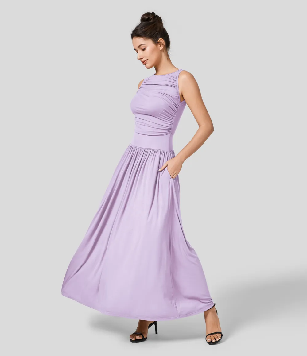 Ribbed Boat Neck Ruched Side Pocket Flowy Maxi Casual Dress
