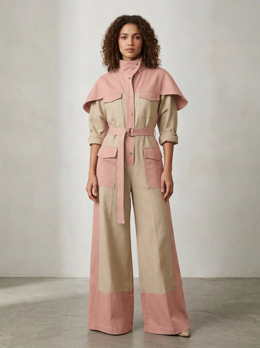 Women's Utility Olive Beige Colorblock Belted Jumpsuit