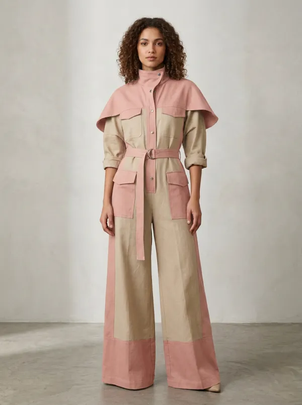 Women's Utility Olive Beige Colorblock Belted Jumpsuit