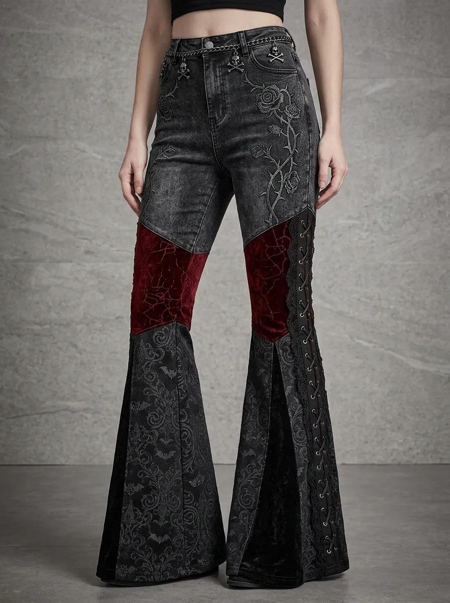 Dark Skull Rose Lace Profile Women's Gothic Flare Pants