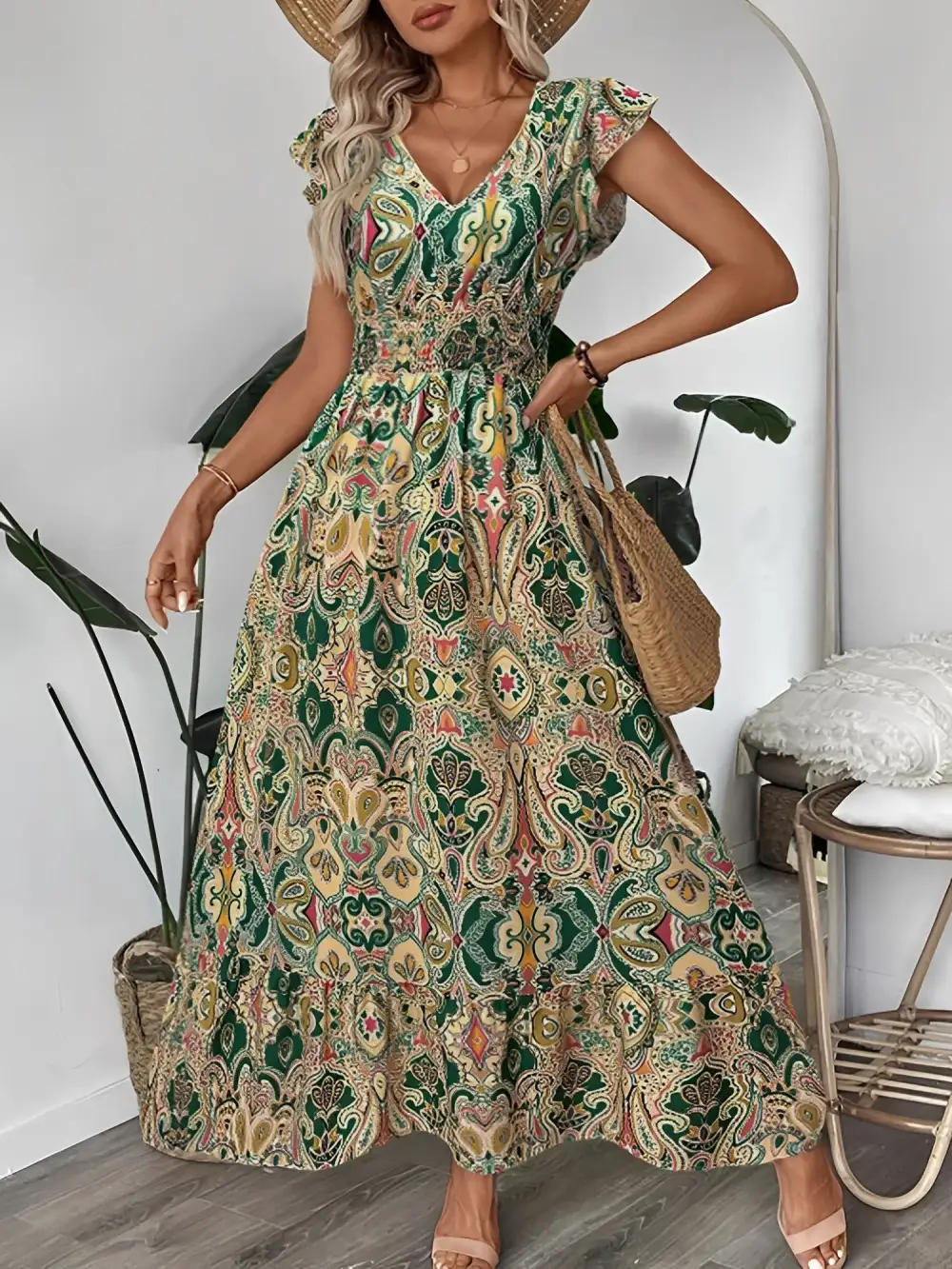 Boho Floral V-Neck Ruffle-Sleeve Smocked Maxi Dress