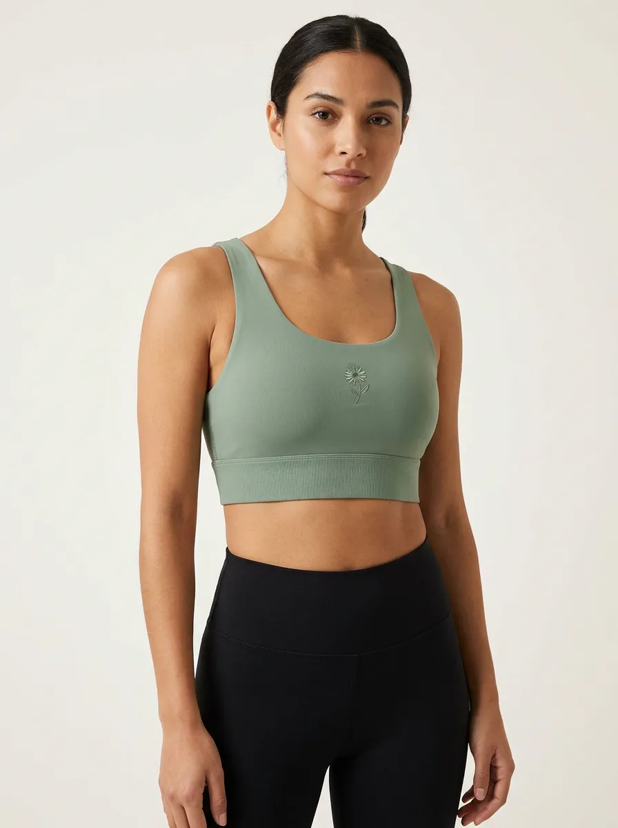 Women's Floral-Embroidered Scoop-Neck Ribbed Sports Bra