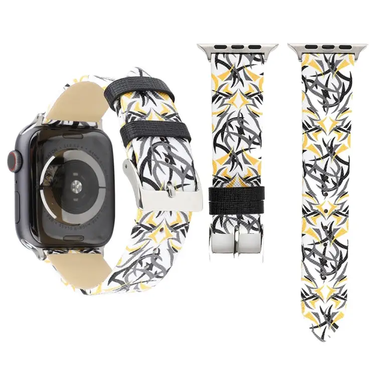 Thorns Printing Genuine Leather Watch Band for Watch Series 7 45 mm / 6 & SE & 5 & 4 44 mm / 3 & 2 & 1 42 mm - Gold