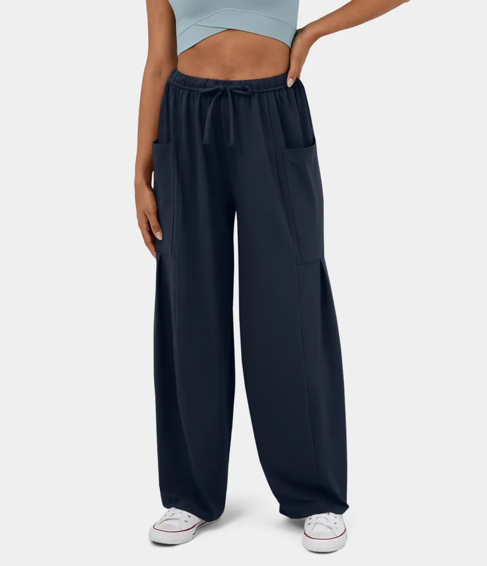 Mid Rise Elastic Waistband Drawstring Side Pocket Palazzo Flowy Wide Leg Casual Pants
