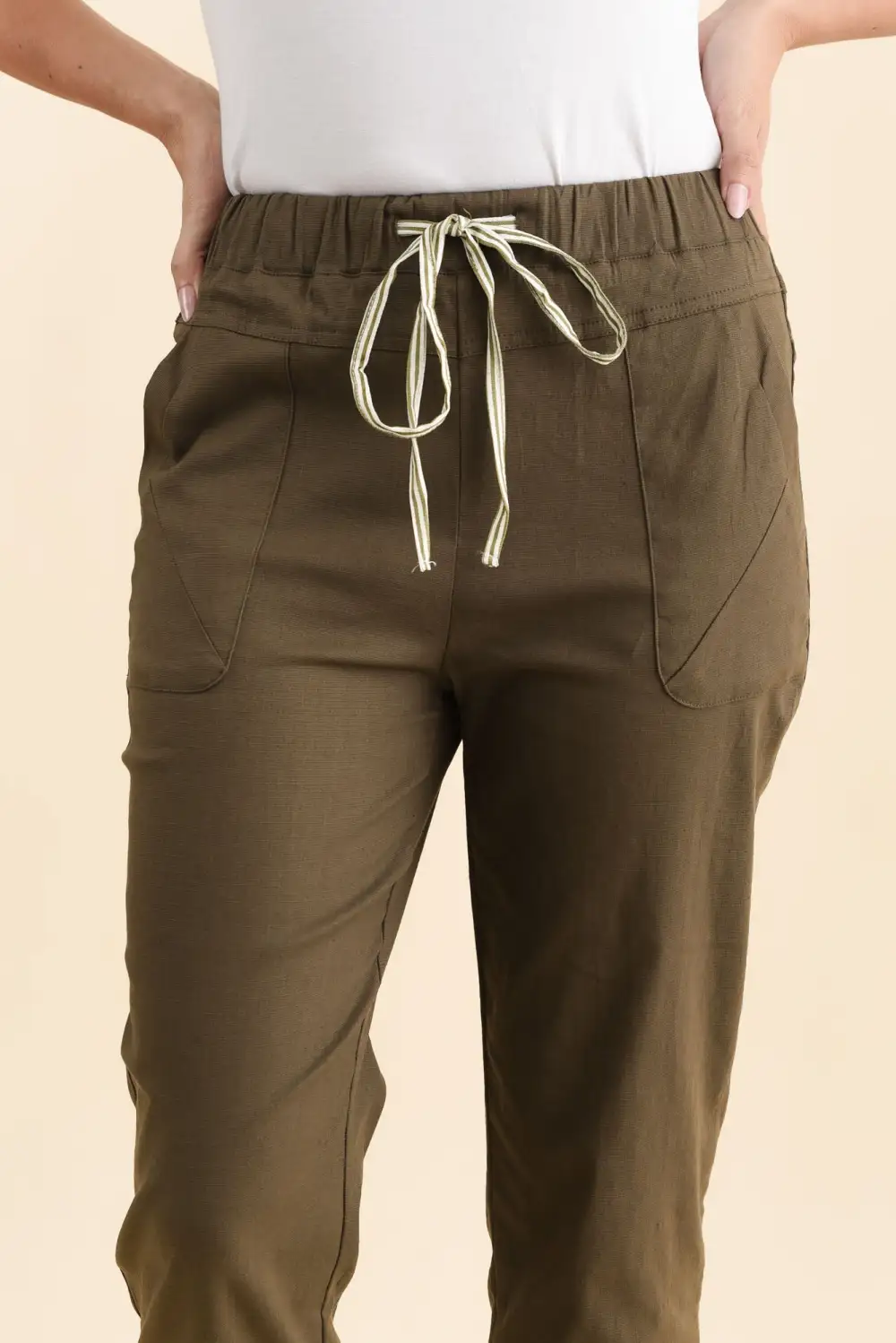 Linen Blend High Rise Drawstring Pants