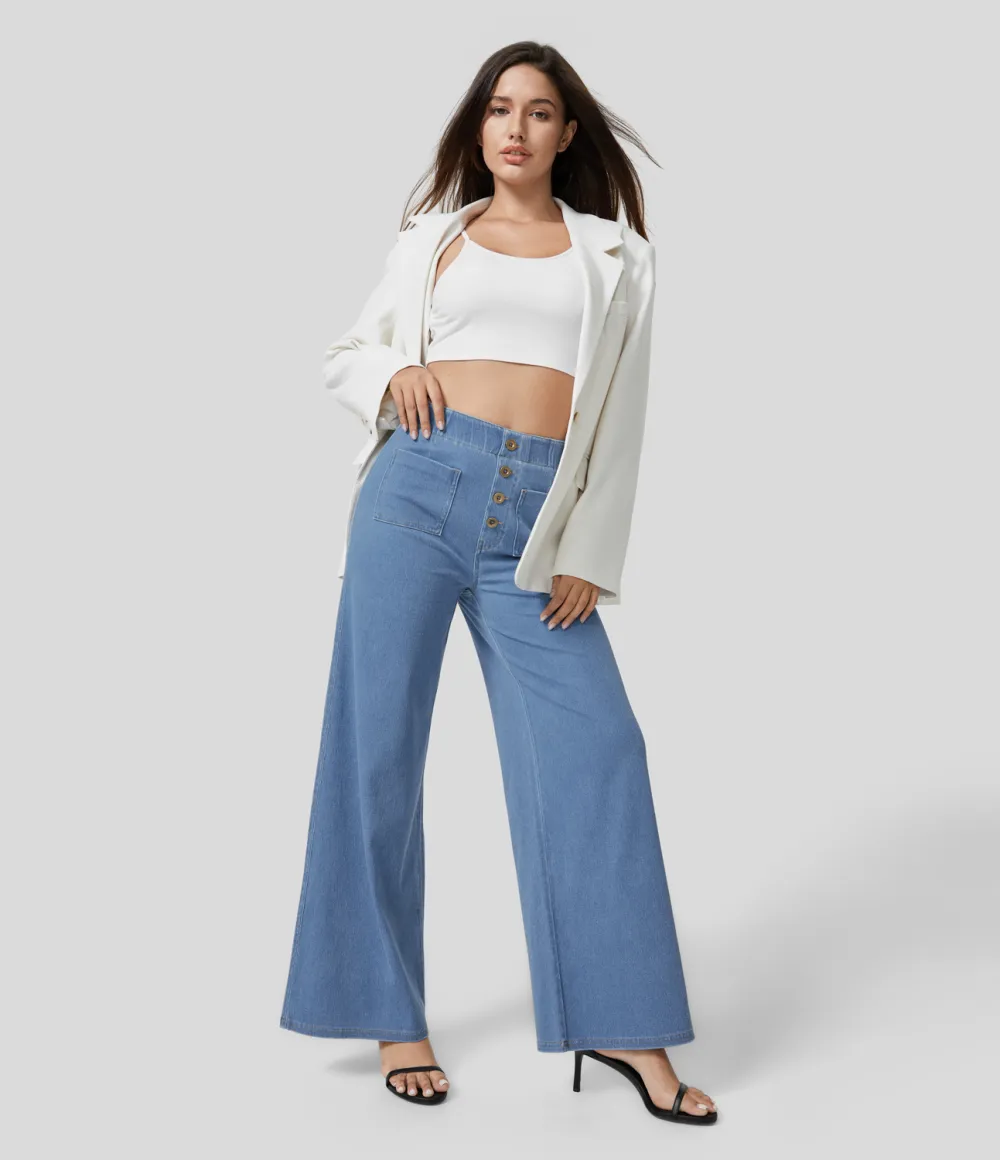 Magic High Waisted Button Multiple Pockets Washed Stretchy Knit Casual Wide Leg Full Length Jeans