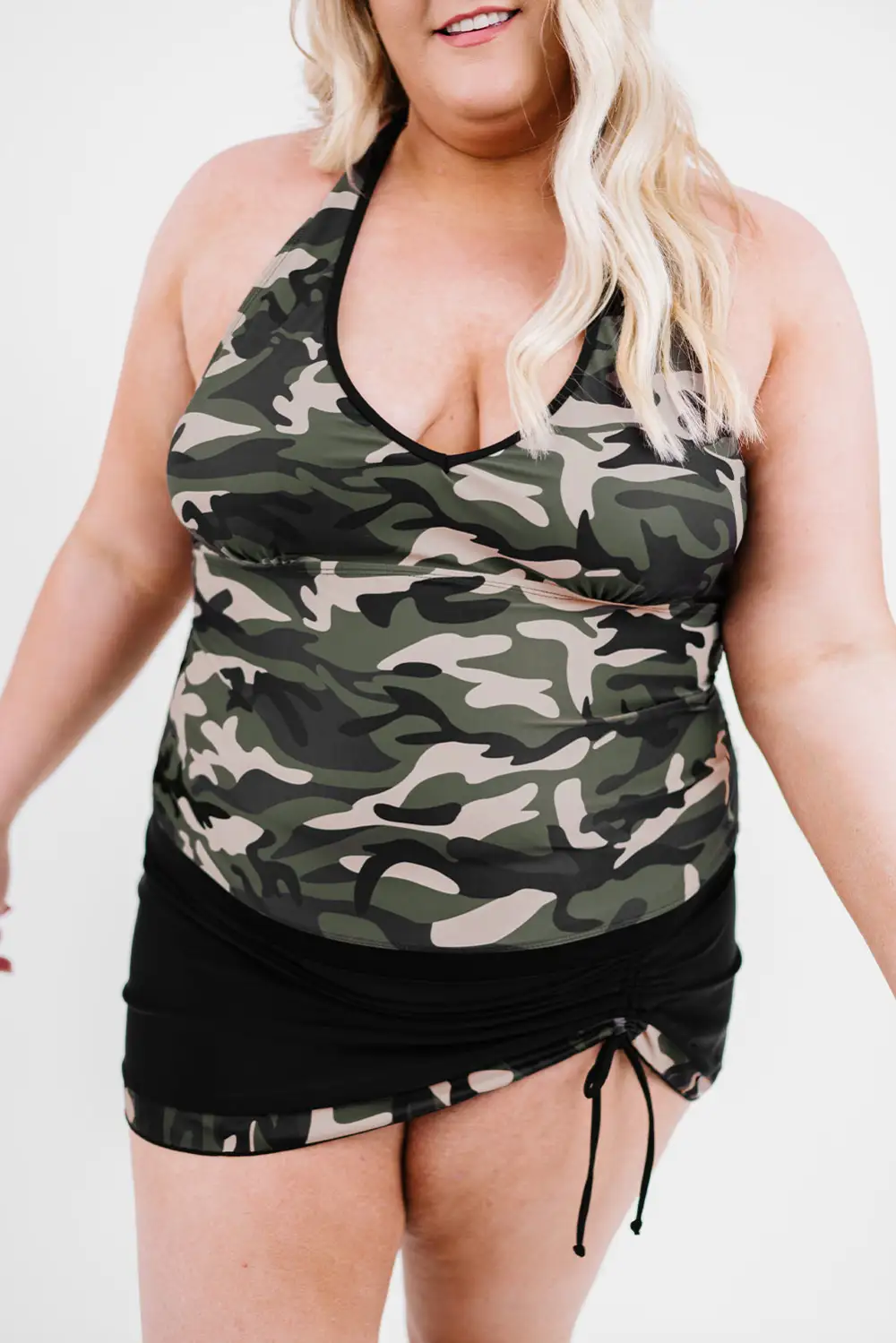 Swimwear Camouflage Drawstring Side Backless Plus Size Tankini Set