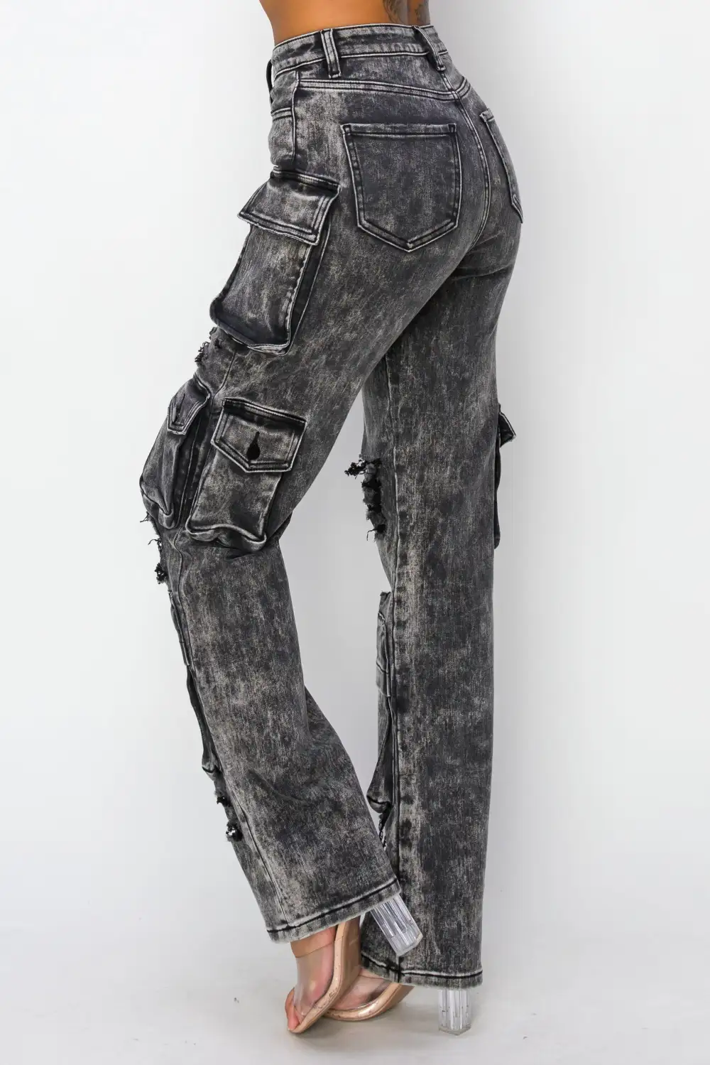 Mid-Rise Washed Cargo Jeans