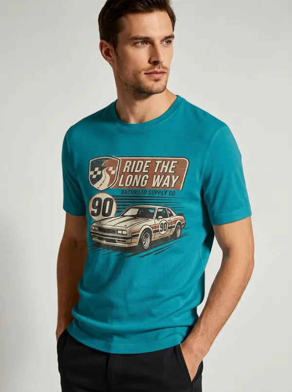 Men's Vintage Car Racing 90 Ride The Long Way Printed T-shirt