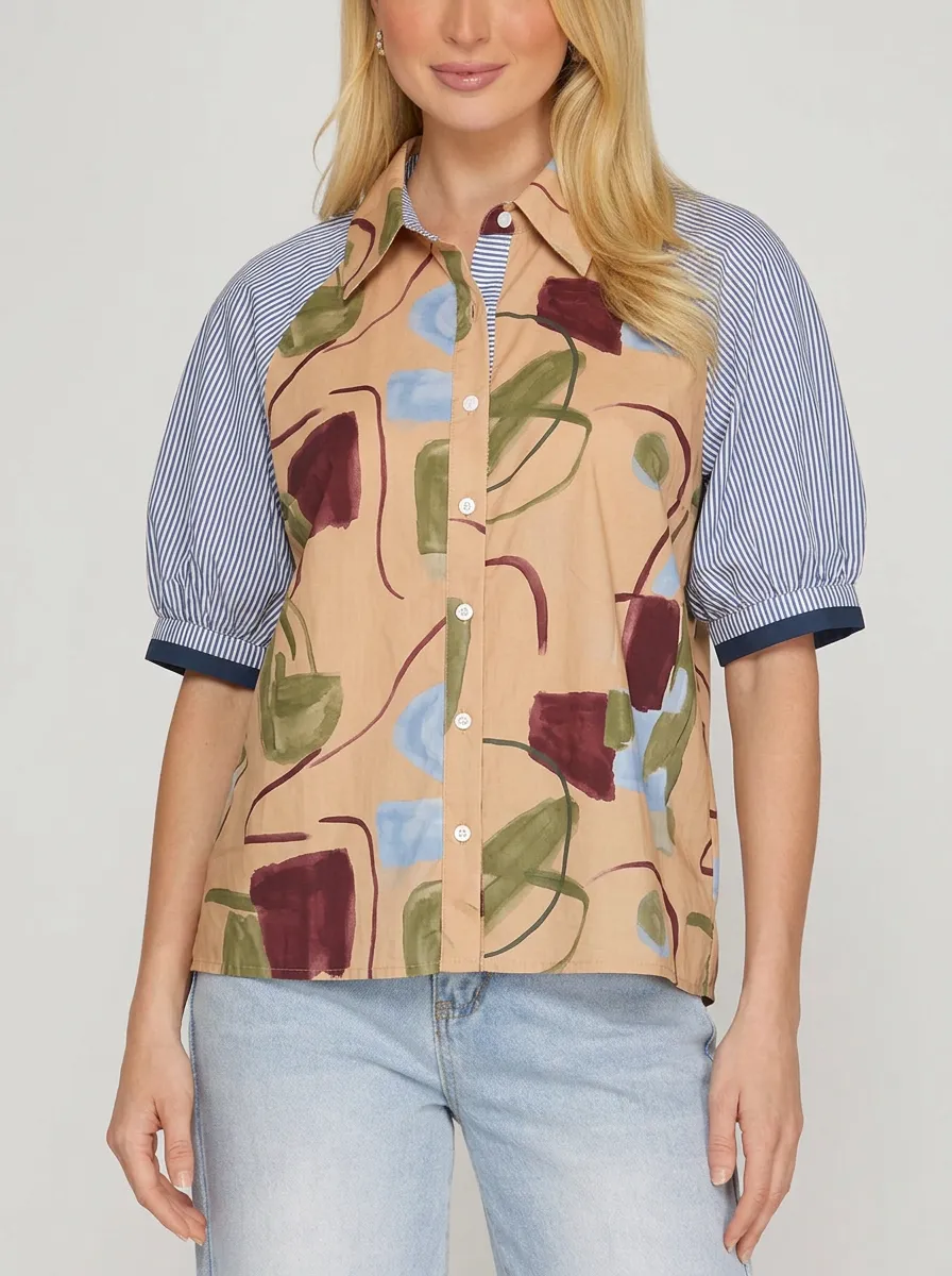 Women's Abstract Art Pattern Striped Sleeve Graphic Shirt