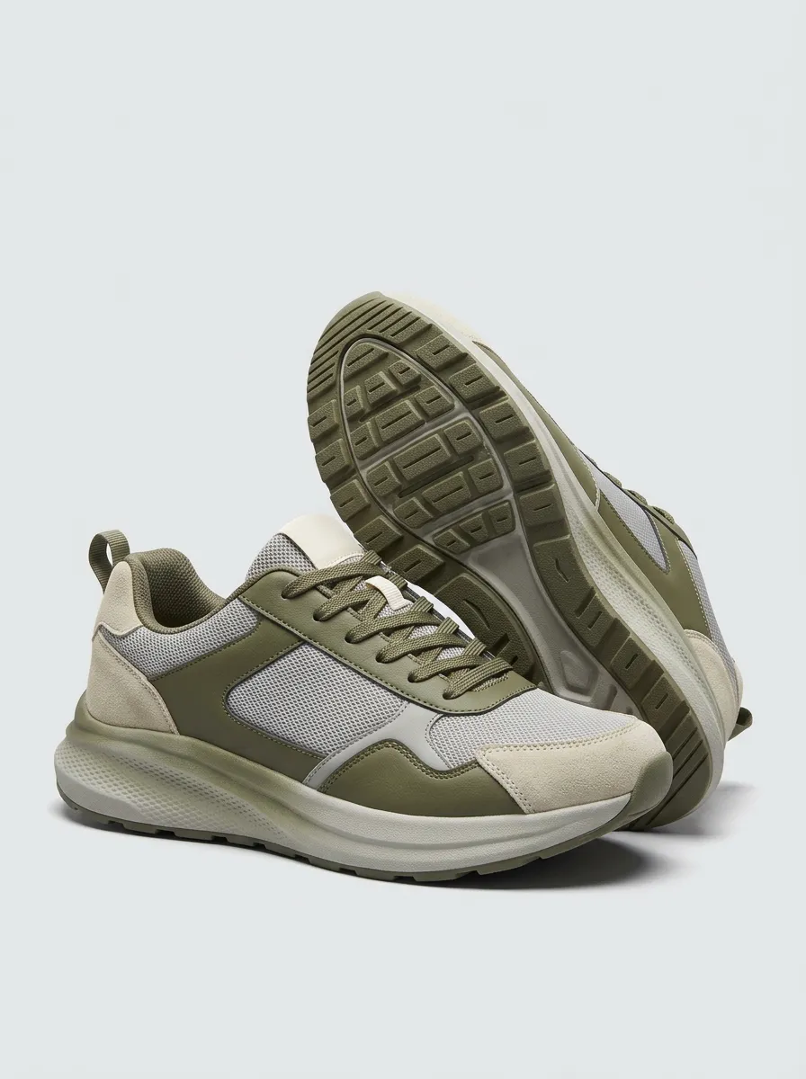 Outdoor-Inspired Suede-Panel Mesh-Panel Patchwork Casual Sneakers