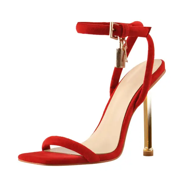 Suede Ankle Strap Square Toe Stiletto Metal Heel Sandals