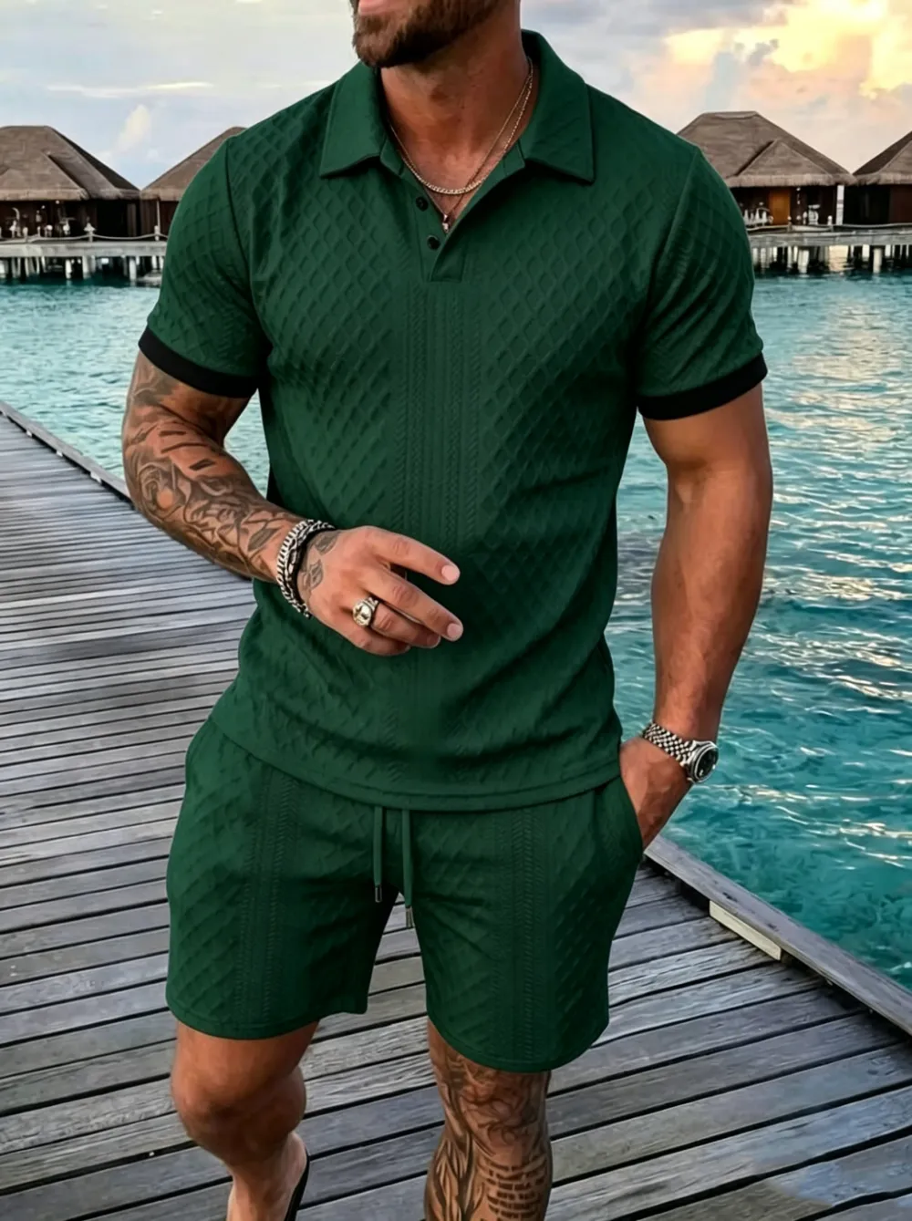 Men's Colorblock Polo Shirt & Drawstring Shorts Set, Textured Knit Short Sleeve, Casual Daily Wear, Summer Tropical Fashion Choice, Menswear, Clothes