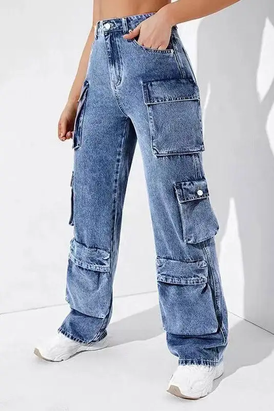 High-Waist Denim Cargo Pants