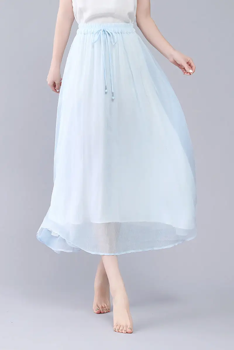 Checkered Chiffon Pleated Circle Elastic Waist Maxi Skirt