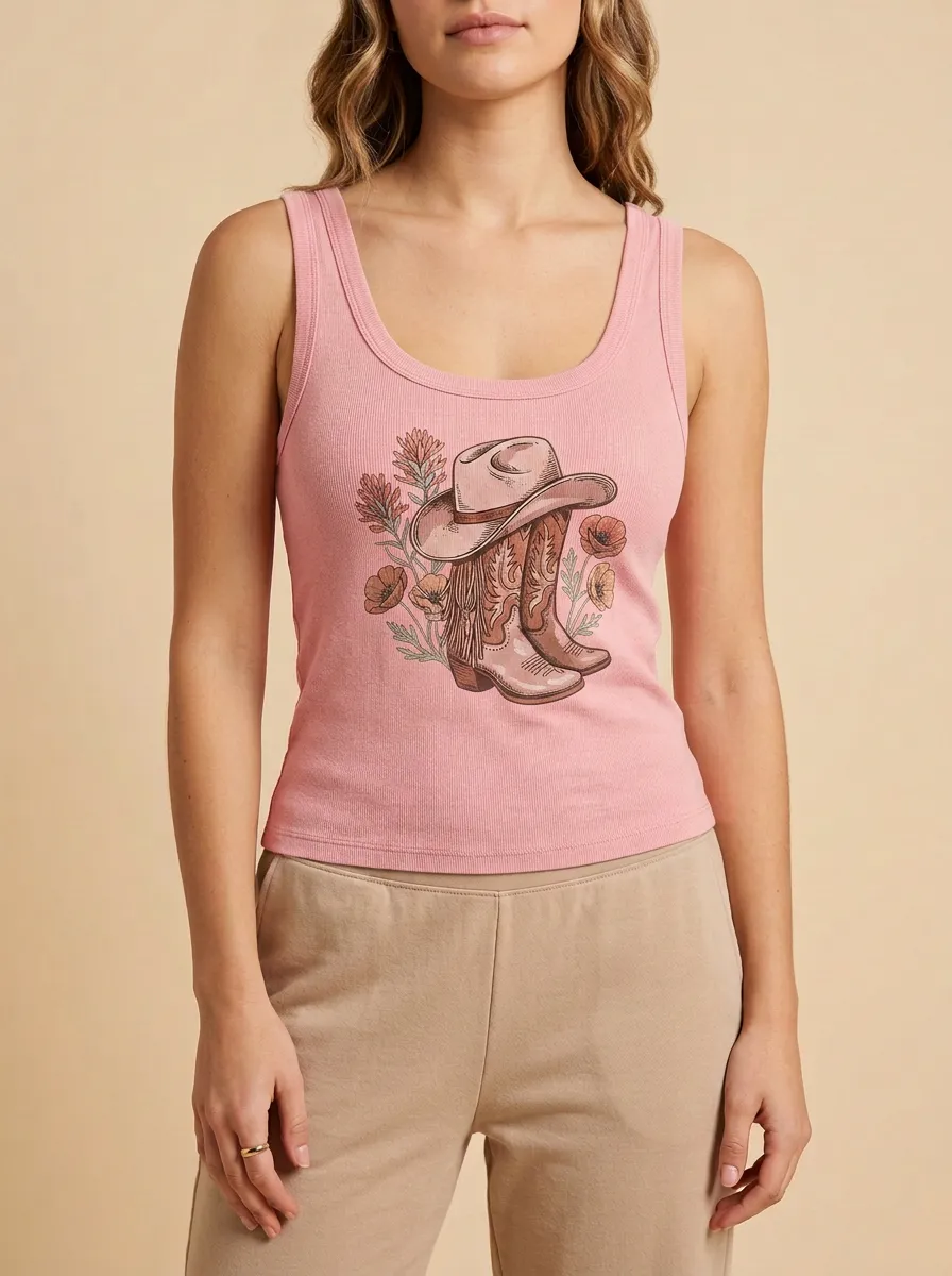 Boho Cowboy-Hat Floral Built-In Bra Tank Top