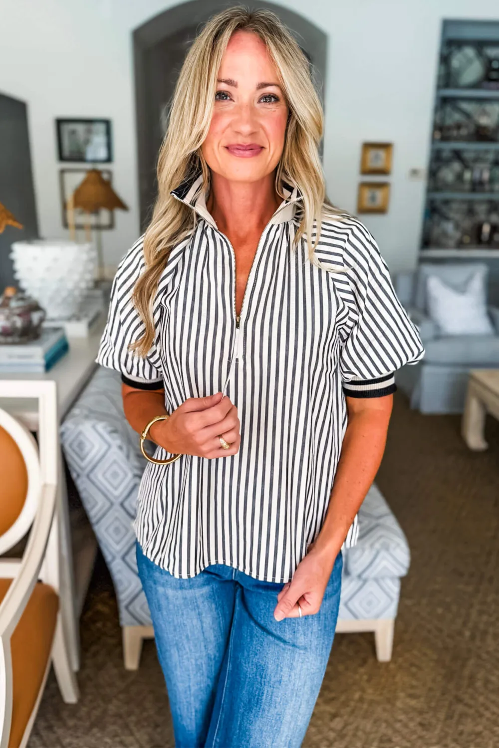 Black Stripe Polo Collar Half Sleeve Blouse