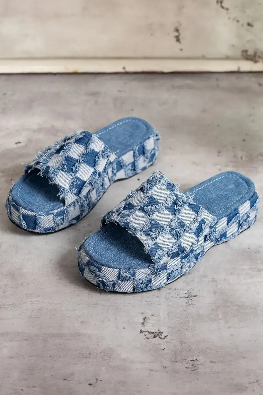 Checkered Frayed Canvas Platform Sandals