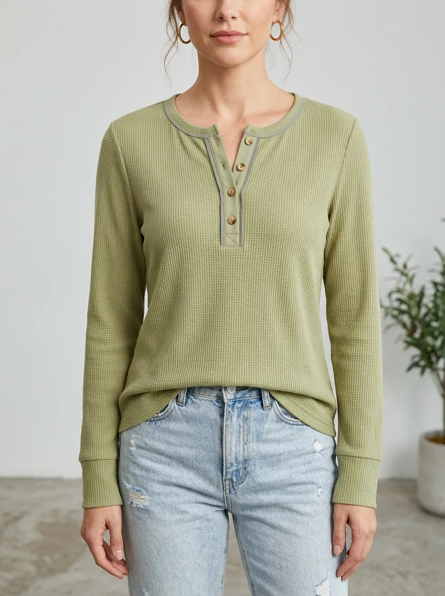 Women's Casual Olive Green Waffle Knit Button Henley Shirt