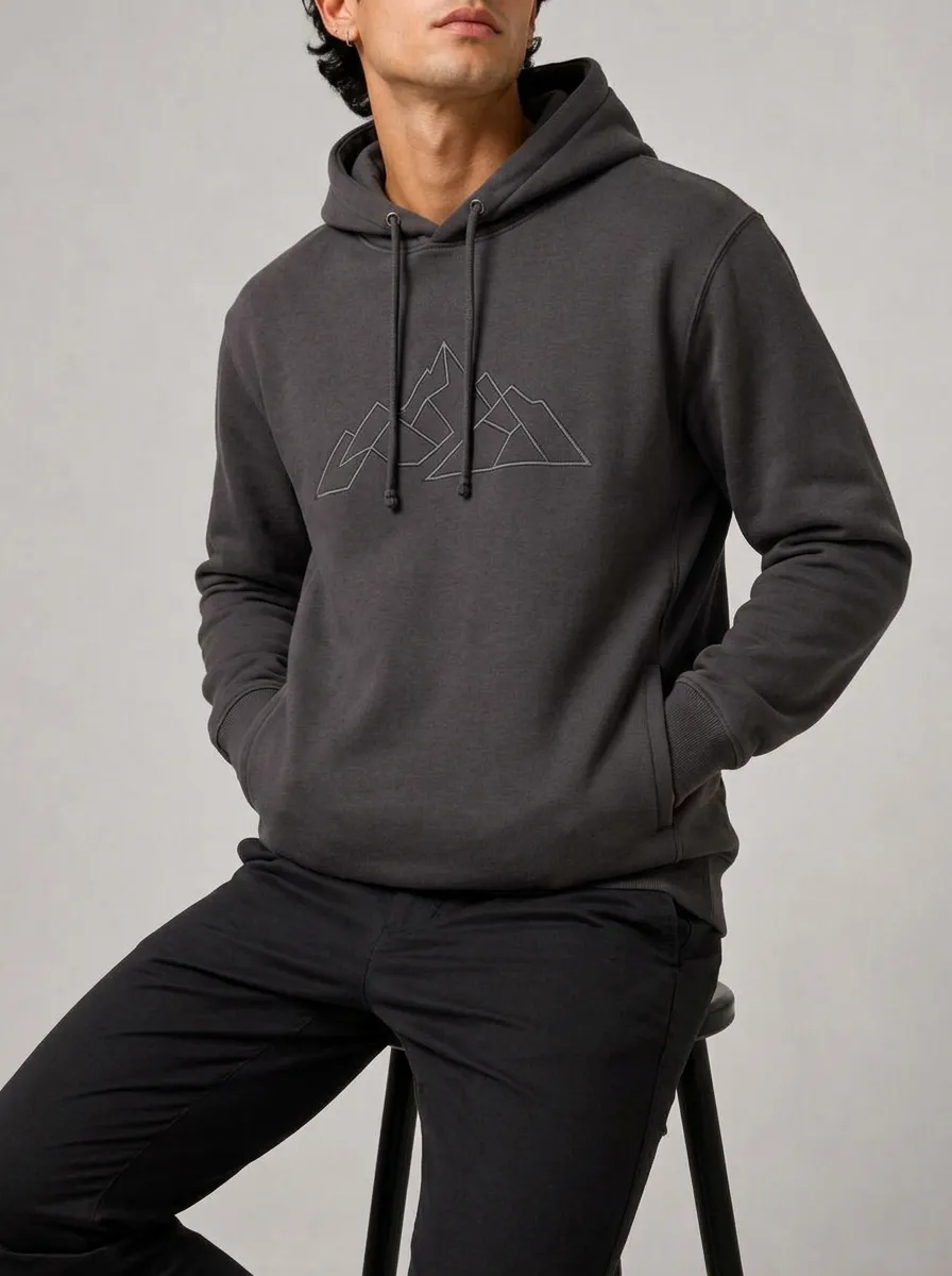 Men's Mountain Line Art Graphic Pullover Ribbed-Cuff Metal-Aglet Drawcord Center-Chest Detail Hoodie