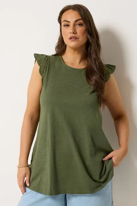 Khaki Green Broderie Frill Vest Top