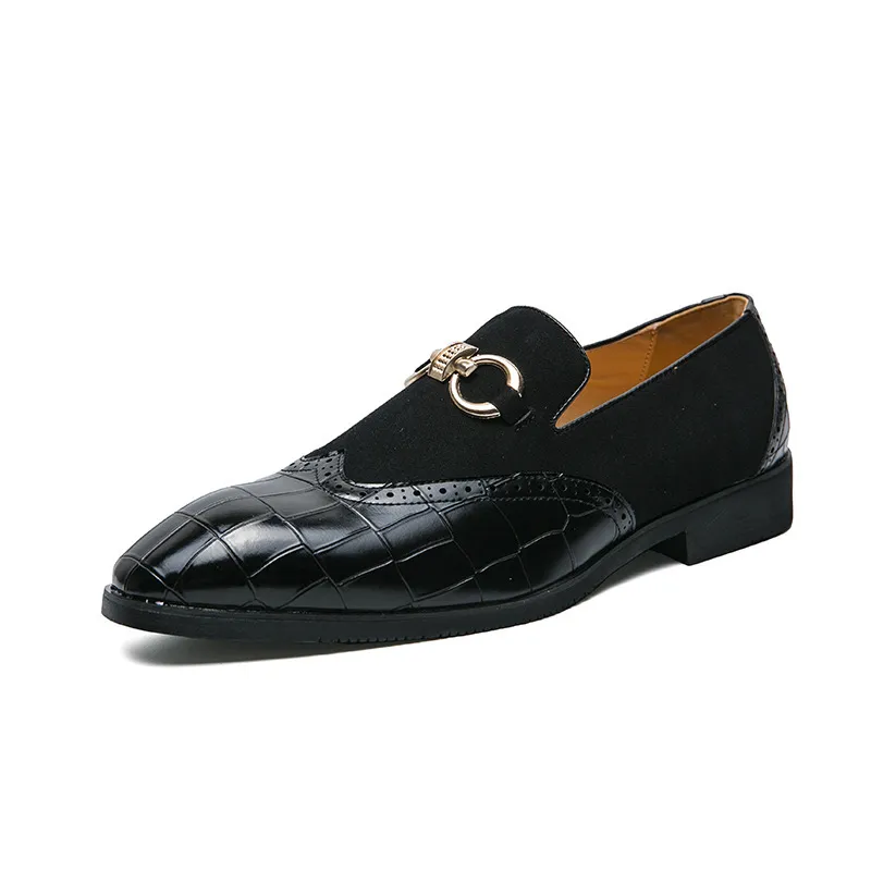 Men's Plaid Leather Patchwork Buckle Decor Slip On Pointed Toe Loafers Shoes