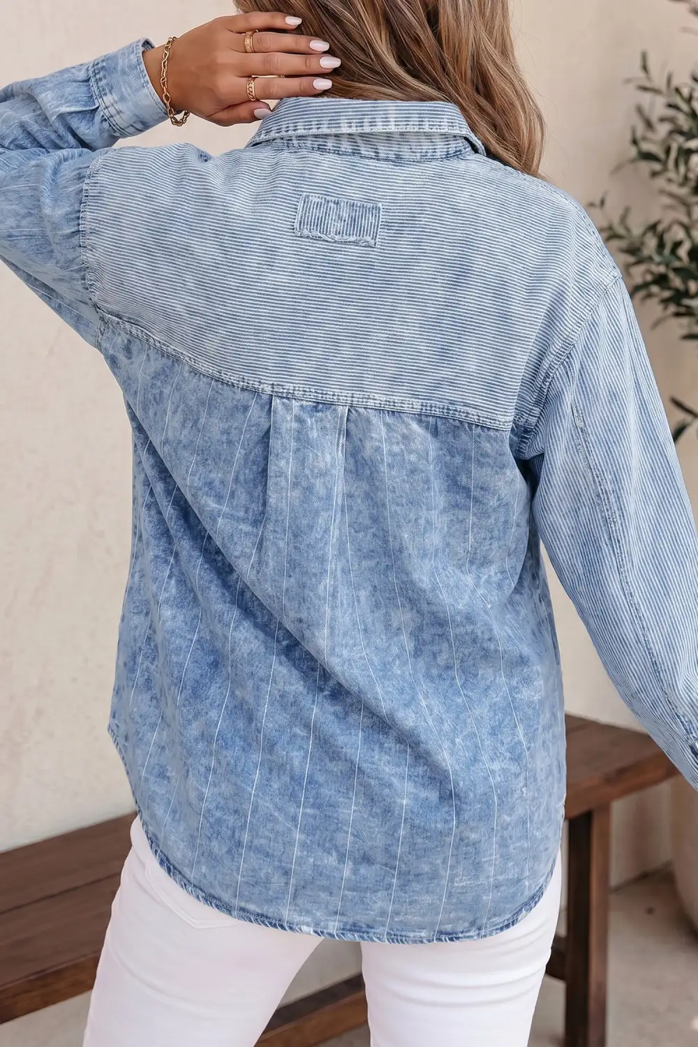 Women's Striped Colorblock Denim Blouse