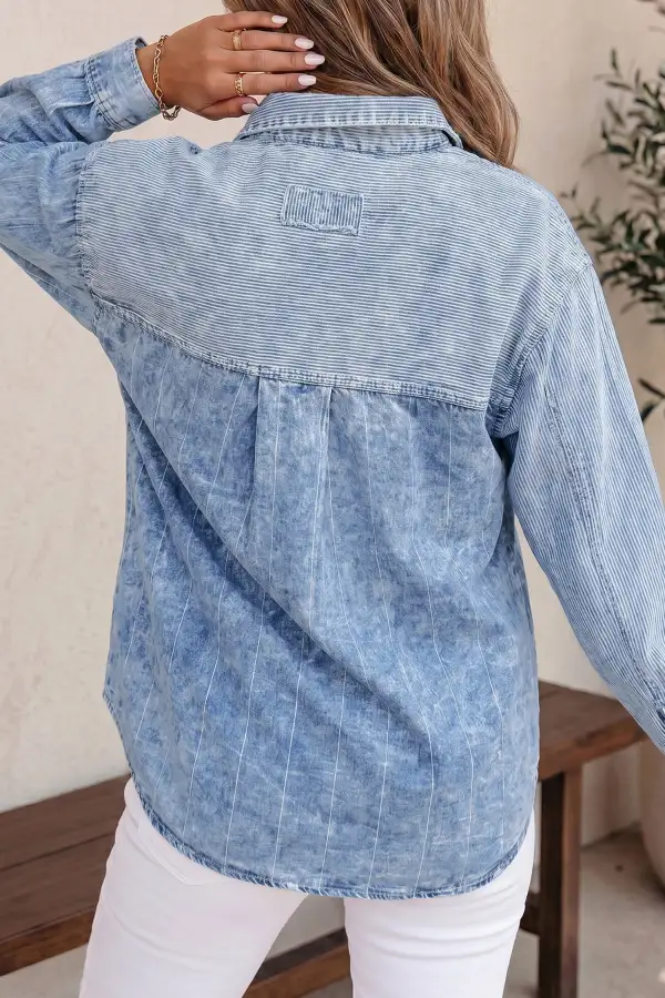 Women's Striped Colorblock Denim Blouse
